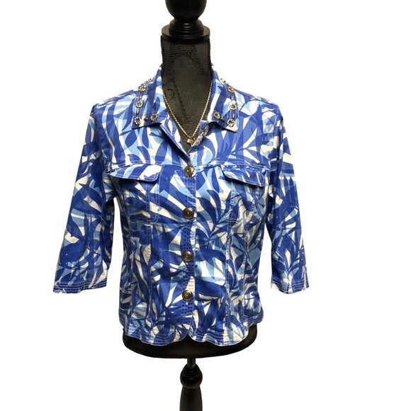 Drapers and Damons Jacket Womens Size Medium Petite Blue Gold Blazer Tropical - Picture 1 of 6